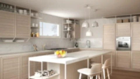 Blur background interior design, white kitchen with wooden details and parque イラスト素材