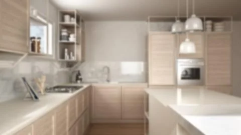 Blur background interior design, white kitchen with wooden details and parque イラスト素材