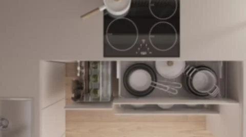 Blur background, kitchen close up with open drawers with plates, pots, bottle 스톡 일러스트