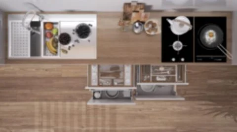 Blur background, kitchen close up top view, open drawers with accessories, si Stock Illustration