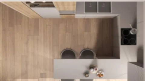 Blur background, kitchen in modern apartment, dining table, chairs. Sink, ind Illustrazione stock