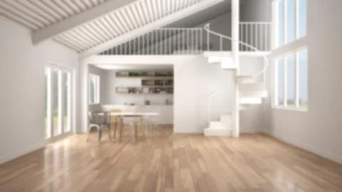 Blur background, minimalist open space, white kitchen with mezzanine and mode Illustrazione stock