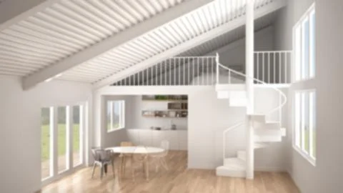 Blur background, minimalist white kitchen with mezzanine and modern spiral st Illustrazione stock