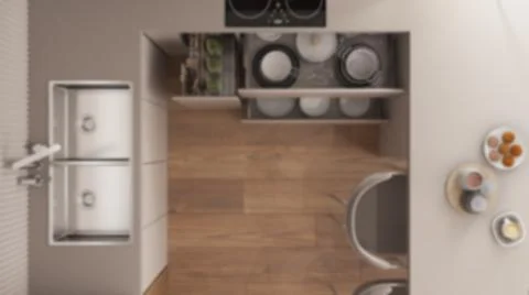 Blur background, modern kitchen close up with open drawers with accessories,  스톡 일러스트