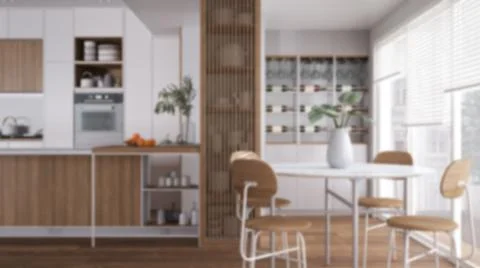 Blur background, modern kitchen, Island, parquet and appliances. Dining table 스톡 일러스트