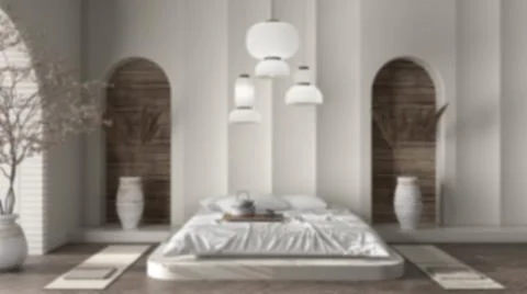 Blur background, molded plaster wall in zen eastern bedroom with master bed,  Stock Illustration