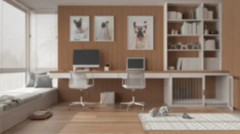 Blur background, pet friendly corner office, desk with computers, bookshelf,  Stock Illustration