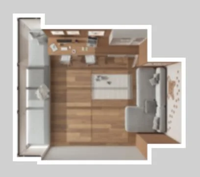 Blur background, pet friendly corner office, desk with computers, bookshelf,  Stock Illustration