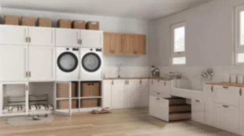 Blur background, pet friendly modern laundry room, mudroom with cabinets and  Stock Illustration
