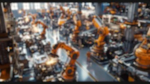 Blur background of robot machine working together at production line. Spate. Stock Photos