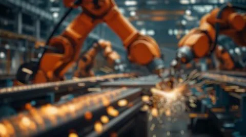 Blur background of robot machine working together at production line. Spate. Stock Photos