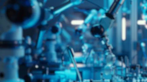 Blur background of robot machine working together at production line. Spate. Stock Photos
