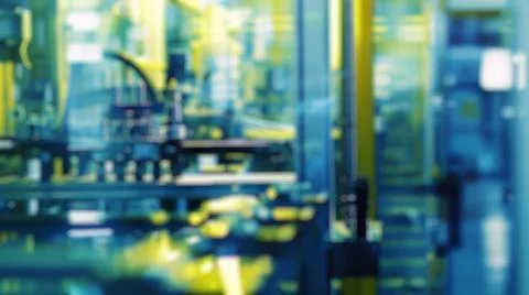 Blur background of robot machine working at production line in factory. Spate. Stock Photos