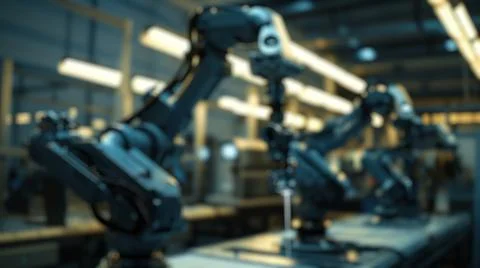 Blur background of robot machine working together at production line. Spate. Stock Photos