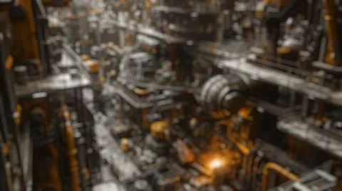 Blur background of robot machine working together at production line. Spate. Stock Photos