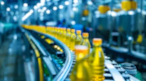 Blur background of robot machine working at production line in factory. Spate. Stock Photos