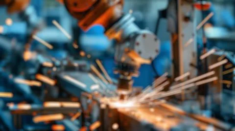 Blur background of robot machine working together at production line. Spate. Stock Photos