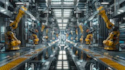 Blur background of robot machine working together at production line. Spate. Stock Photos