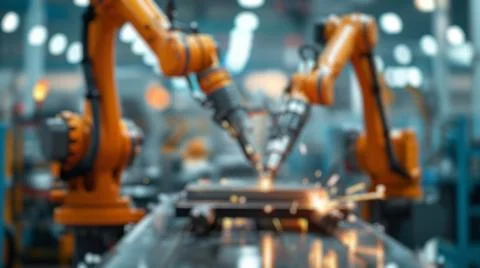 Blur background of robot machine working together at production line. Spate. Stock Photos