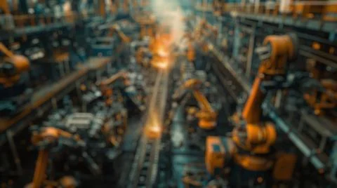 Blur background of robot machine working together at production line. Spate. Stock Photos