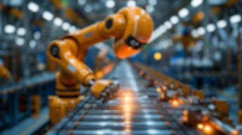 Blur background of robot machine working together at production line. Spate. Stock Photos