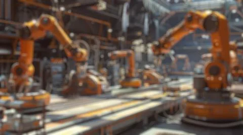Blur background of robot machine working together at production line. Spate. Stock Photos