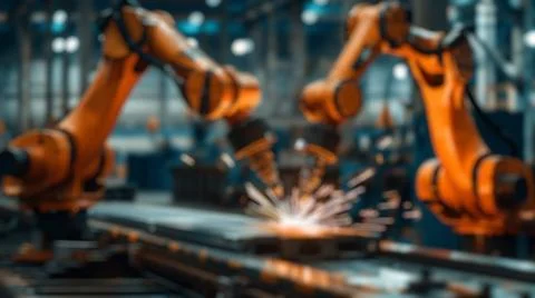 Blur background of robot machine working together at production line. Spate. Stock Photos