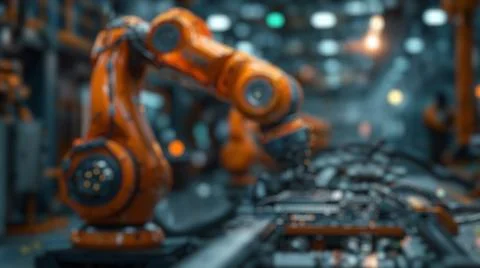 Blur background of robot machine working together at production line. Spate. Stock Photos