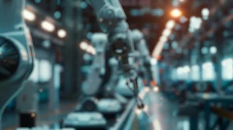 Blur background of robot machine working together at production line. Spate. Stock Photos