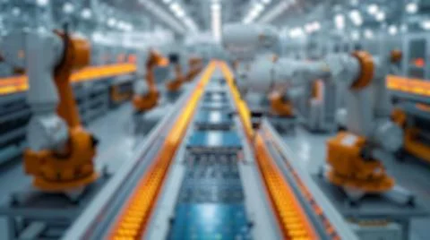 Blur background of robot machine working together at production line. Spate. Stock Photos