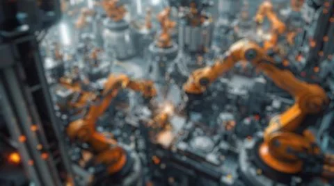 Blur background of robot machine working together at production line. Spate. Stock Photos