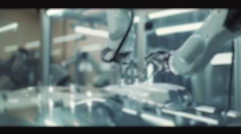 Blur background of robot machine working together at production line. Spate. Stock Photos