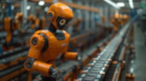 Blur background of robot machine working together at production line. Spate. Stock Photos