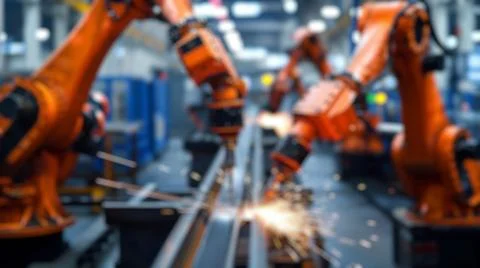 Blur background of robot machine working together at production line. Spate. Stock Photos