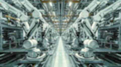 Blur background of robot machine working together at production line. Spate. Stock Photos