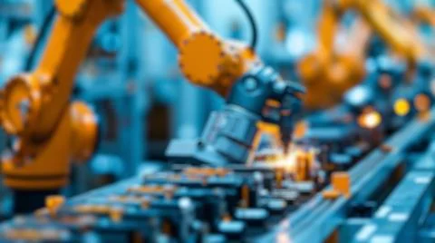 Blur background of robot machine working together at production line. Spate. Stock Photos