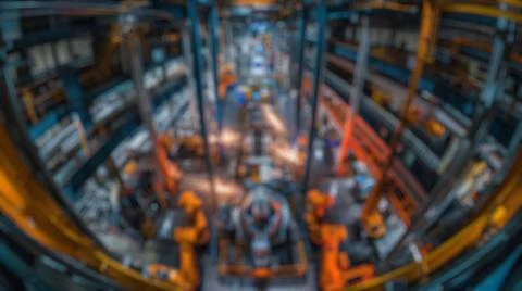 Blur background of robot machine working together at production line. Spate. Stock Photos