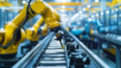 Blur background of robot machine working at production line in factory. Spate. Stock Photos