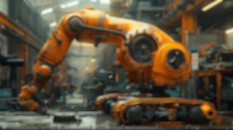 Blur background of robot machine working together at production line. Spate. Stock Photos