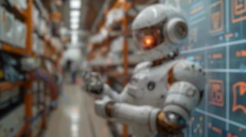 Blur background of robot machine writing whiteboard. Futuristic machine. Spate. Stock Photos