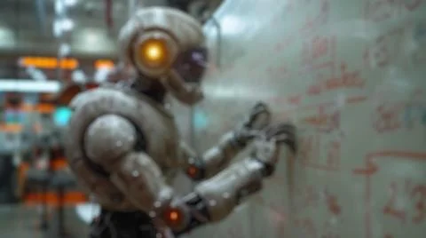 Blur background of robot machine writing whiteboard. Futuristic machine. Spate. Stock Photos