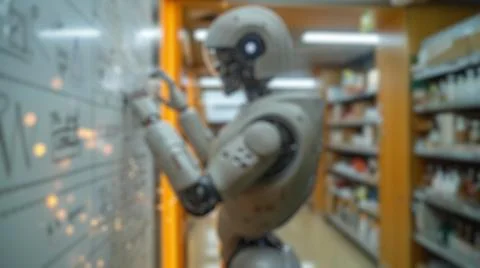 Blur background of robot machine writing whiteboard. Futuristic machine. Spate. Stock Photos