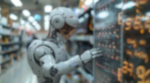 Blur background of robot machine writing whiteboard. Futuristic machine. Spate. Stock Photos