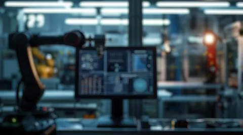 Blur background of smart machine arm working by using technology. Spate. Stock Photos