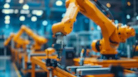 Blur background of smart machine arm working by using technology. Spate. Stock Photos