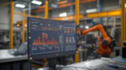 Blur background of smart machine arm working by using technology. Spate. Stock Photos