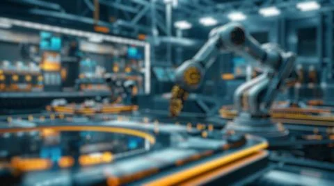 Blur background of smart machine arm working by using technology. Spate. Stock Photos