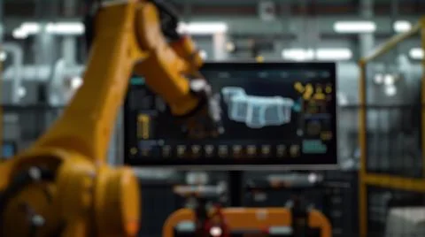 Blur background of smart machine arm working by using technology. Spate. Stock Photos