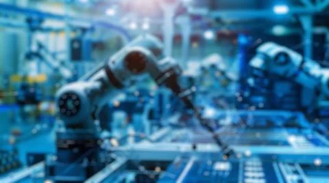 Blur background of smart machine arm working by using technology. Spate. Stock Photos