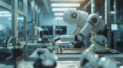 Blur background of smart machine arm working by using technology. Spate. Stock Photos